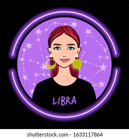 vector of libra horoscope sign in twelve zodiac with galaxy stars background, graphic of beautiful woman with earings and pink hairs. 
