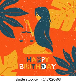 Vector libra zodiac sign original design. Beautiful long-haired girl holding scales in her hand. Can be used for poster, greeting card, birthday party, invitation. Vector illustration