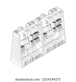 Vector of library book shelf background. Mockup of bookshelf with blank books. Outline Books on the shelves simply retro vector illustration. line drawing of book, library, education, school, study 3D
