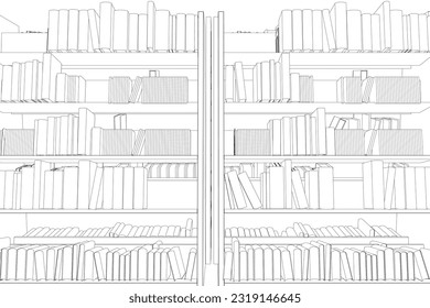 Vector of library book shelf background. Mockup of bookshelf with blank books. Outline Books on the shelves simply retro vector illustration. line drawing of book, library, education, school, study.