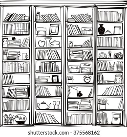 Vector Of Library Book Shelf Doodle Background