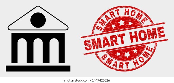 Vector library building icon and Smart Home seal. Red rounded scratched watermark with Smart Home text. Vector composition for library building in flat style. Black isolated library building icon.