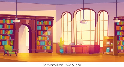 Vector library wooden interior. Cartoon archive warehouse room design with desk and computer. Colorful stack of book and literature inside store organized in rack. Classic librarian storage with lamp.