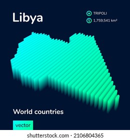 Vector Libya 3D map in turquoise colors on a dark blue background.