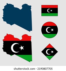 Vector of Libya country outline silhouette with flag set isolated on white background. Collection of Libya flag icons with square, circle, rectangle and map shapes.