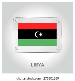 Vector Libya Flag glass plate with metal holders - Country name label in bottom - Gray background vector illustration