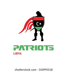 Vector Libya Flag Patriots Soldier Logo. Mascot Character Design. Memorial Day Army man with Shield. Vector Freedom Leader Logo illustration