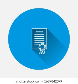 Icono de certificado de licencia de vectores en fondo azul. Imagen plana con gran sombra.