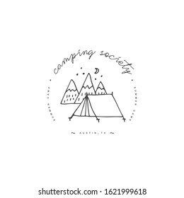 Vector liear camping and hiking icon or logo. Traveling emblem or round badge with camping tent and mountins. Design for t-shirt and print