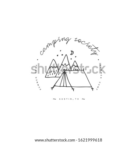 Vector liear camping and hiking icon or logo. Traveling emblem or round badge with camping tent and mountins. Design for t-shirt and print