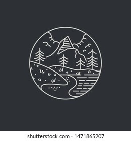 Vector liear icon or logo mountains. Traveling emblem or round badge with mountains landscape. Design for t-shirt and print