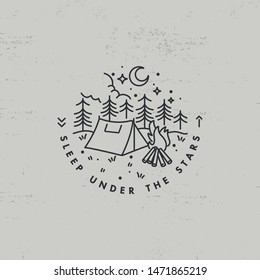 Vector liear icon or logo mountains. Traveling emblem or round badge with mountains landscape. Design for t-shirt and print