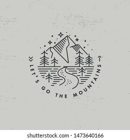 Vector liear icon or logo mountains. Traveling emblem or round badge with mountains landscape. Design for t-shirt and print