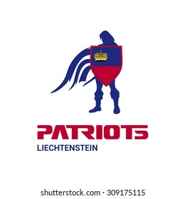 Vector Liechtenstein Flag Patriots Soldier Logo. Mascot Character Design. Memorial Day Army man with Shield. Vector Freedom Leader Logo illustration