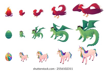 The vector of the life cycle of the dragon, phoenix and unicorn: from egg to adult, with wings, horn, tail, claws. The characters transform from children to adults.