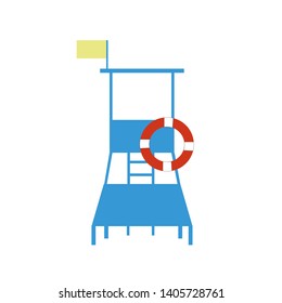 Vector of life guard tower for the beach with yellow flag and safety ring isolated.