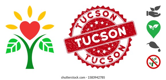 Vector life icon and distressed round stamp seal with Tucson text. Flat life icon is isolated on a white background. Tucson stamp seal uses red color and dirty surface. Bonus icons are added.