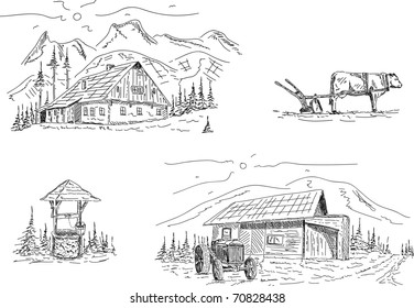 vector - life under  mountains - isolated on background