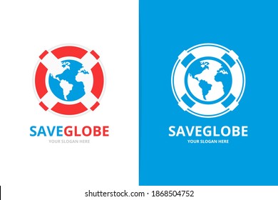 Vector lifebuoy and earth logo combination. Unique lifeboat and globe logotype design template.