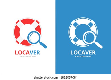 Vector lifebuoy and loupe logo combination. Unique lifeboat and search logotype design template