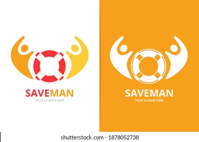 Vector lifebuoy and people logo combination. Unique lifeboat and help, team logotype design template