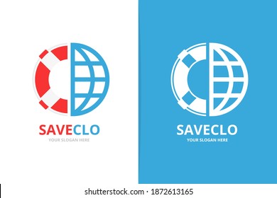 Vektorlifebuoy und Logo-Kombination des Planeten. Einzigartiges Design für Rettungsboote und Globus-Logotypen.