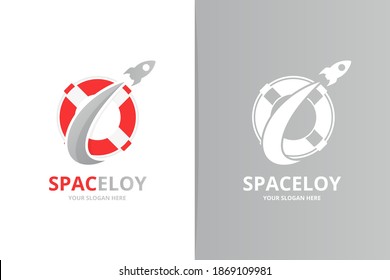 Vector lifebuoy and rocket logo combination. Unique lifeboat and flight logotype design template.