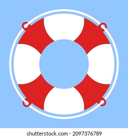 Vector lifebuoy with rope red and white isolated on blue background, icon - help, rescue or help symbol.Vector lifebuoy web flat icon. Eps 10.