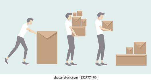 vector lifestye set man carrying delivery brown box 