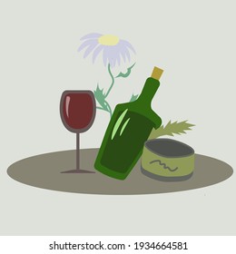 Vector lifestyle - dinner alone, bottle and canned food