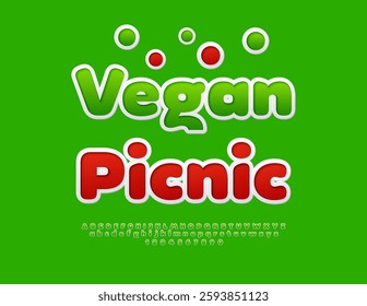 Vector Lifestyle flyer Vegan Picnic. Modern Green Font. Bright set of Cute Alphabet Letters and Numbers