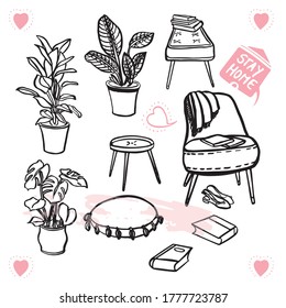 Vector lifestyle hygge comic furniture illustration set. Black line art hand drawn design. Greeting card, gift, cozy miss you note. Modern brush design on white background isolated vector elements