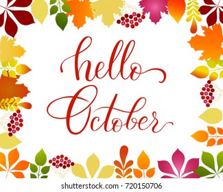 Vector lifestyle lettering hello October. Brush ink typography for photo overlays, t-shirt print, poster design, logo, banner. Hello October vector illustration