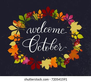 Vector lifestyle lettering hello October. Brush ink typography for photo overlays, t-shirt print, poster design, logo, banner. Hello October vector illustration