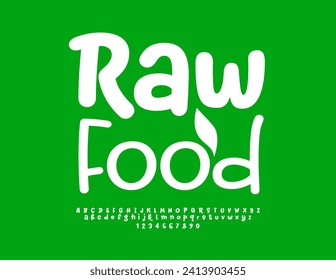 Vector lifestyle sign Raw Food with decorative Leaf. White minimalistic Font. Trendy handwritten Alphabet Letters and Numbers set.