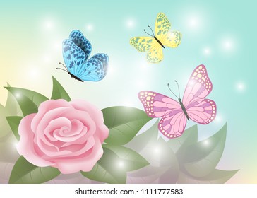 Vector light background of delicate light shades. Illustration of isolated rose layers of pink color on a blurred background radiance effect flying fluttering over a butterfly flower.