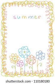 Vector light background with flowers and frame of doodles. Abstract summery illustration in hand draw childish style. Colorful greeting floral card with text box and lettering - summer