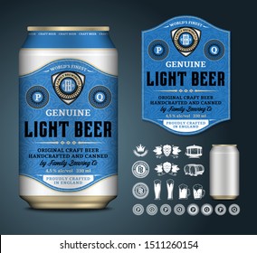 Vector light beer label. Realistic aluminium can mockup. Brewing company branding and identity icons, badges, insignia and design elements