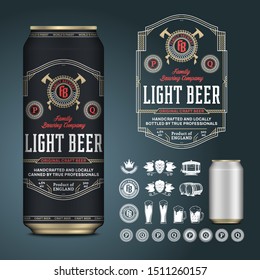 Vector light beer label. Realistic aluminium can mockup. Brewing company branding and identity icons, badges, insignia and design elements