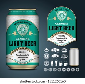 Vector light beer label. Realistic aluminium can mockup. Brewing company branding and identity icons, badges, insignia and design elements