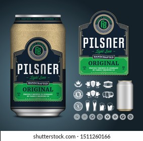 Vector light beer label. Realistic aluminium can mockup. Brewing company branding and identity icons, badges, insignia and design elements