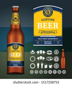 Vector light beer label. Realistic glass bottle mockup. Brewing company branding and identity icons, badges, insignia and design elements