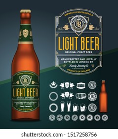 Vector light beer label. Realistic glass bottle mockup. Brewing company branding and identity icons, badges, insignia and design elements