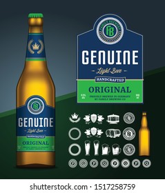 Vector light beer label. Realistic glass bottle mockup. Brewing company branding and identity icons, badges, insignia and design elements