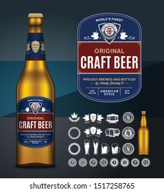 Vector light beer label. Realistic glass bottle mockup. Brewing company branding and identity icons, badges, insignia and design elements