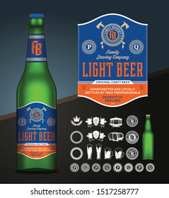 Vector light beer label. Realistic glass bottle mockup. Brewing company branding and identity icons, badges, insignia and design elements