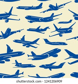 Vector light beige seamless pattern with blue passenger planes