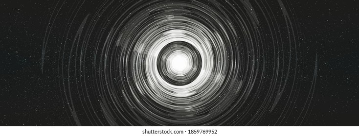 Vector Light Black Hole On Cosmic Universe Background On Interstellar Galaxy,Black And White Design,Free Space For Text.