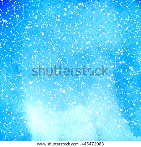 Vector light blue astronomical pattern with constellations on hand drawn watercolor paper grain textured background