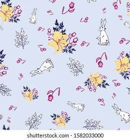 Vector Light Blue background rabbits bouquets flower garden seamless pattern illustration for birthday, fabric, party, event, decoration, gift wrap, scrapbook project, print, wallpaper, textile design